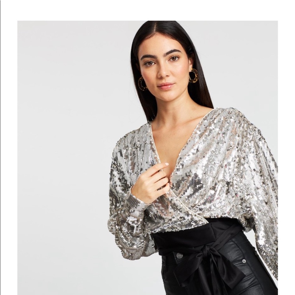 ROTATE Intermix *Samantha* silver sequin 80s disco style wrap top 32 EUR US 2